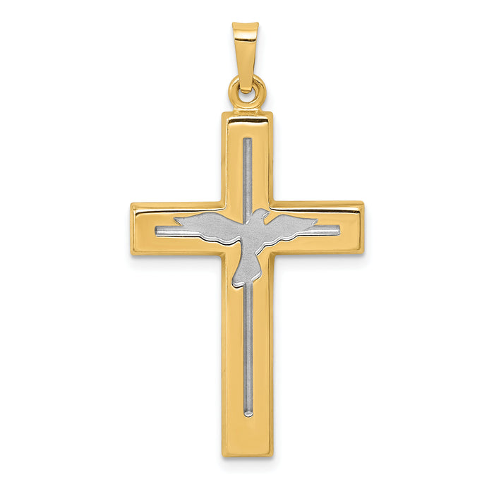 14K W/Rhodium Polished and Satin Cross W/Dove Pendant-XR1625