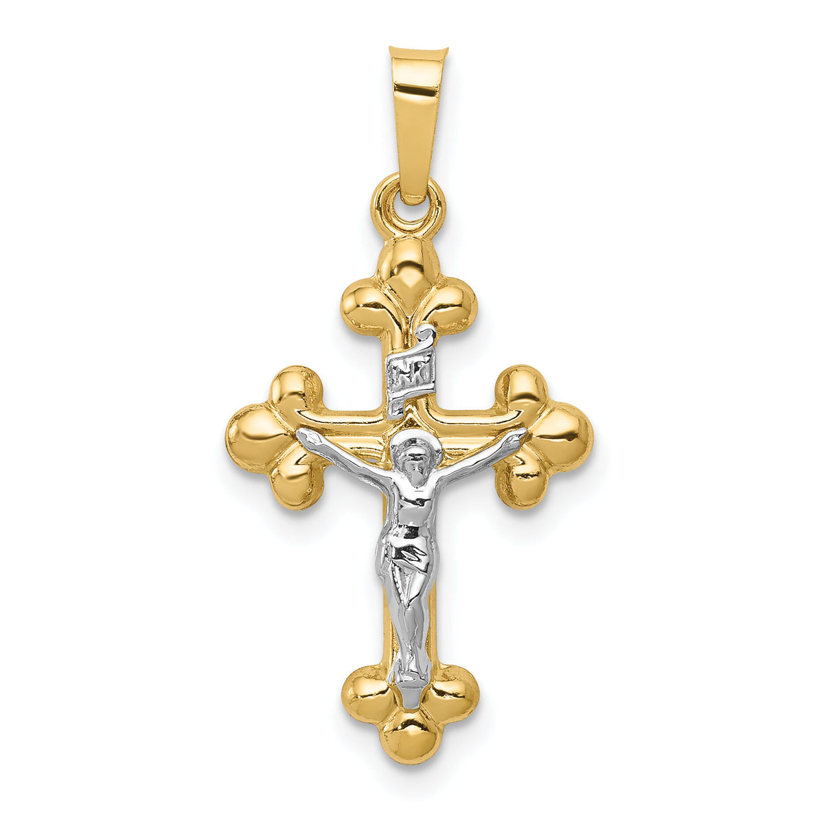 14k Two-tone Polished Budded INRI Crucifix Pendant-XR1633