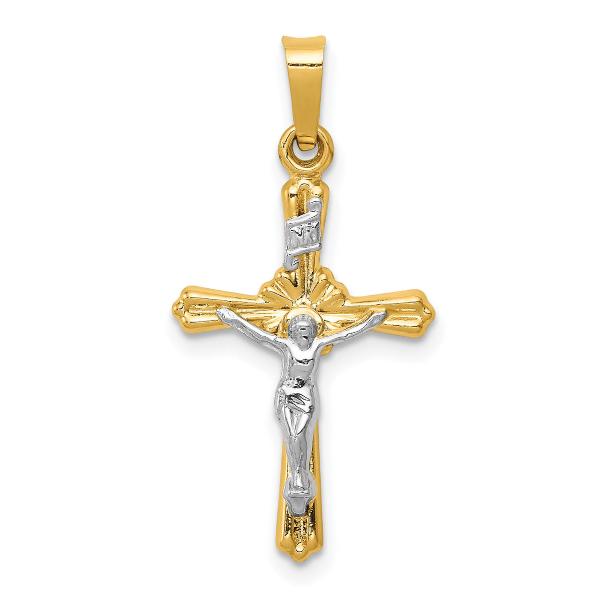 14k Two-tone Flower Center INRI Crucifix Pendant-XR1653