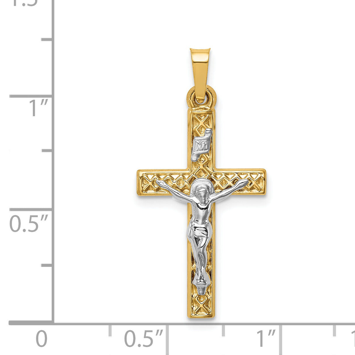 14k Two-tone Polished Lattice Textured INRI Crucifix Pendant-XR1666