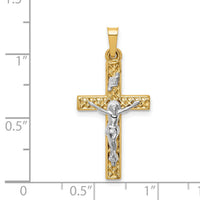 14k Two-tone Polished Lattice Textured INRI Crucifix Pendant-XR1666