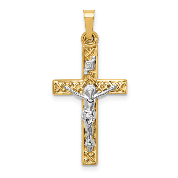 14k Two-tone Polished Lattice Textured INRI Crucifix Pendant-XR1666