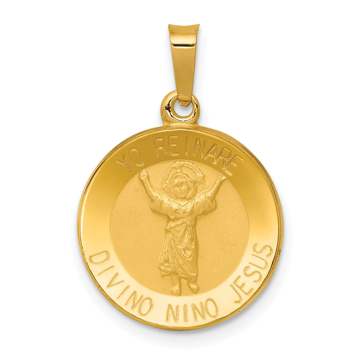 14K Polished Satin Hollow Divino Nino Round Medal Pendant-XR1670
