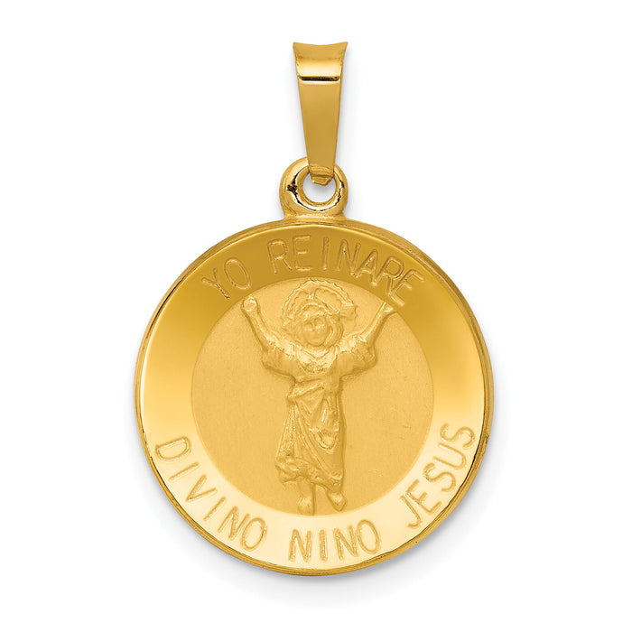 14K Polished Satin Hollow Divino Nino Round Medal Pendant-XR1670
