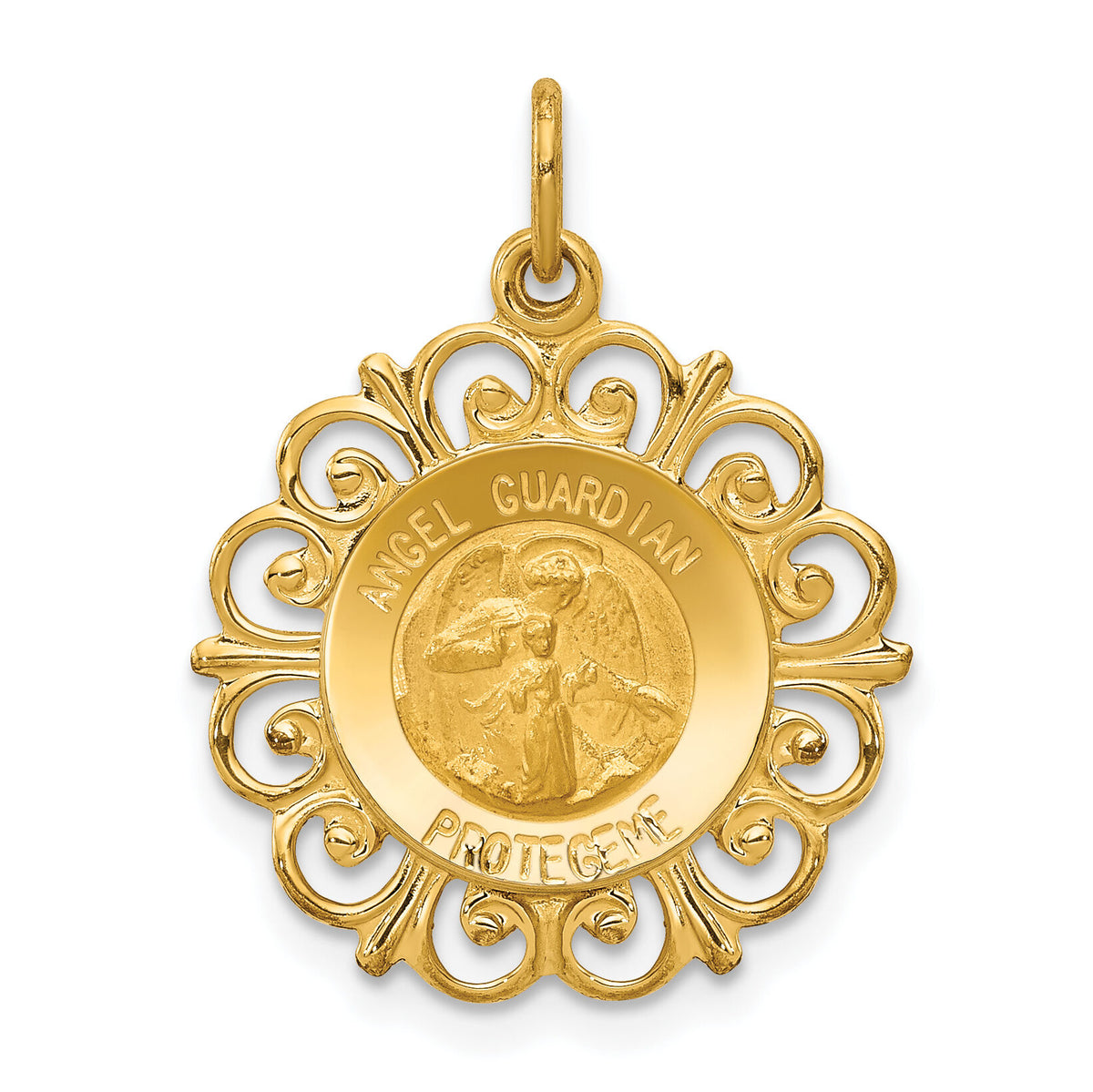 14k Polished/Satin Spanish Guardian Angel Medal Hollow Pendant-XR1676