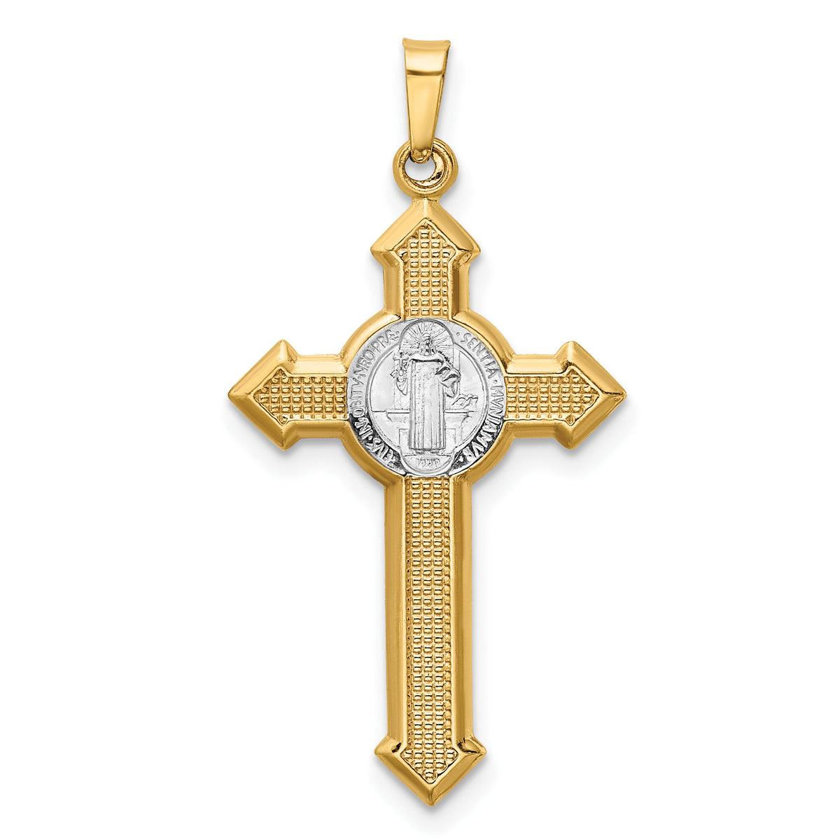 14k w/Rhodium St. Benedict Hollow Medal INRI Crucifix Pendant-XR1685