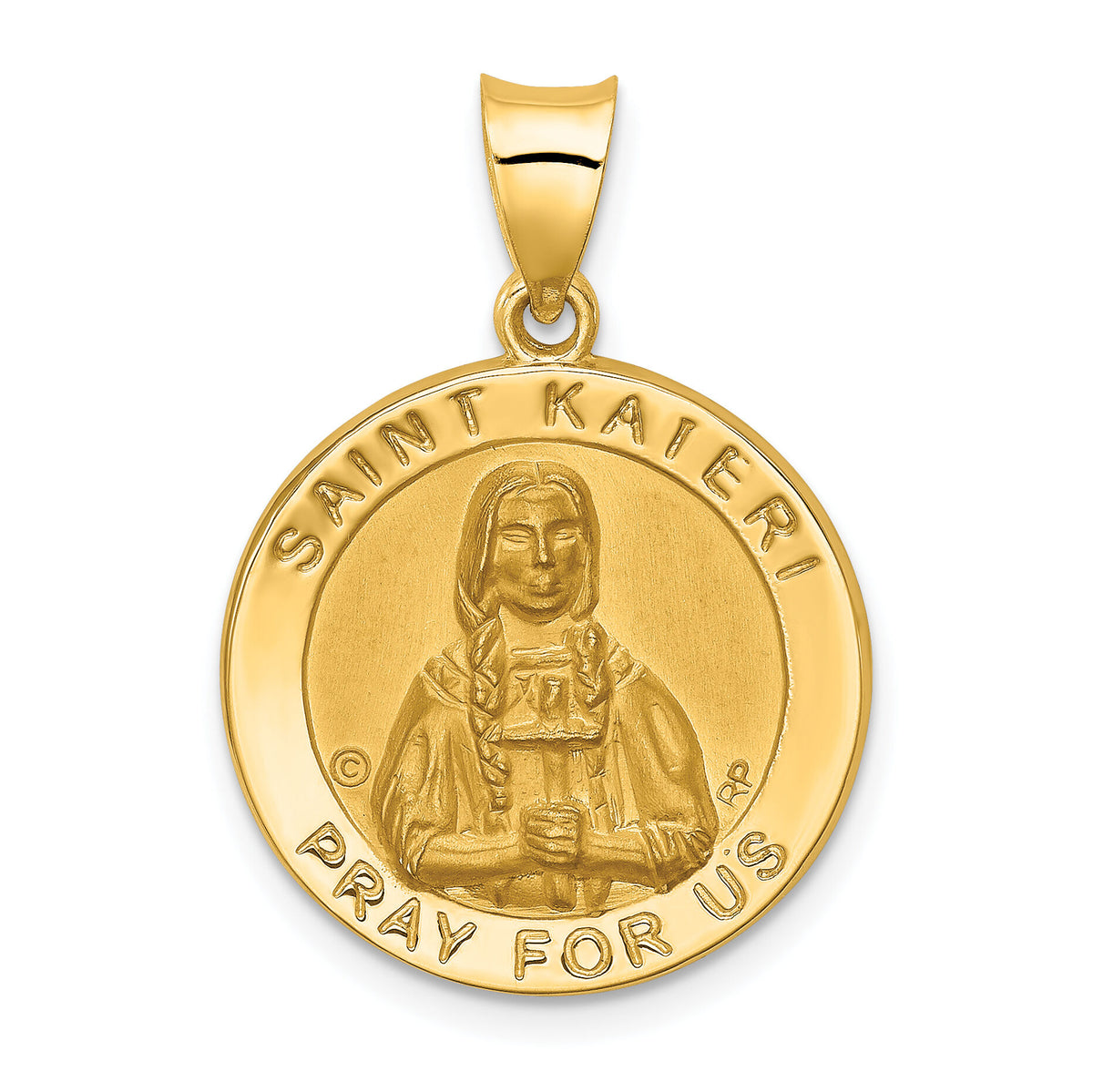 14K Polished / Satin St. Kateri Hollow Medal Pendant-XR1691