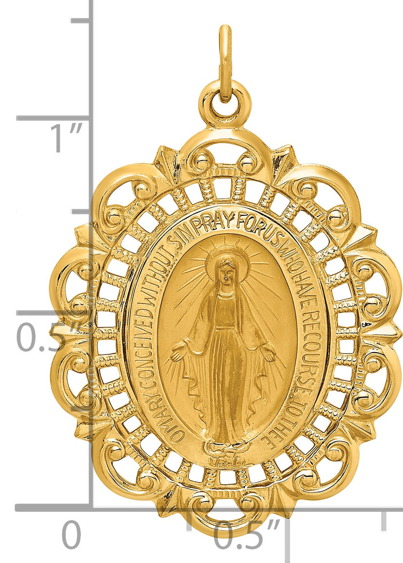 14k Solid Polished/Satin Fancy Pierced Oval Miraculous Medal-XR1764