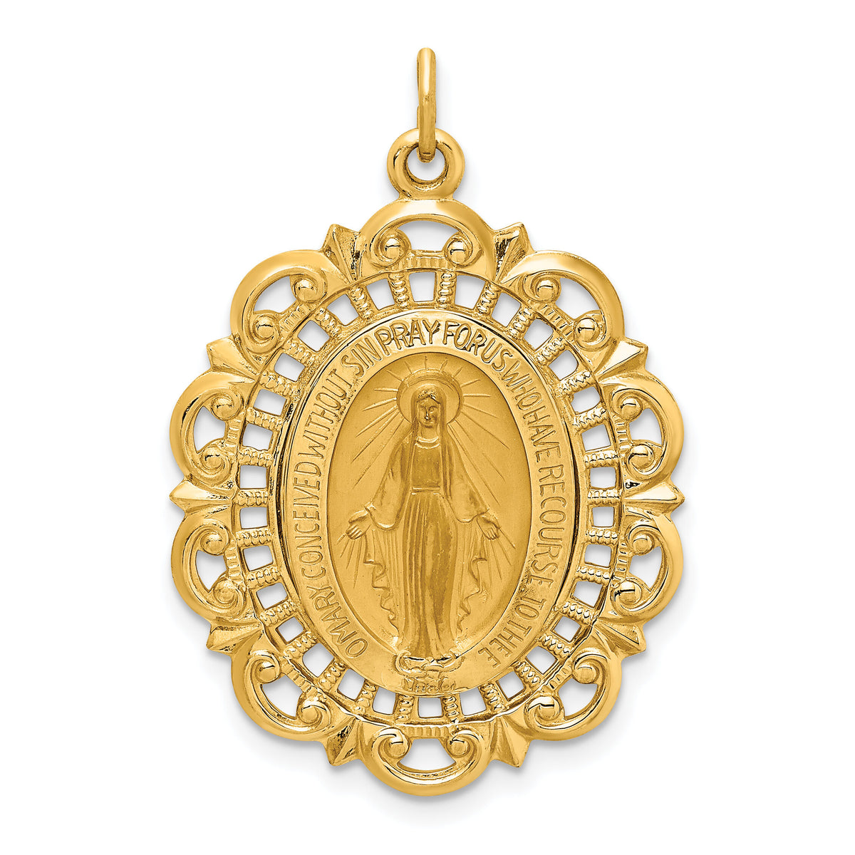 14k Solid Polished/Satin Fancy Pierced Oval Miraculous Medal-XR1764