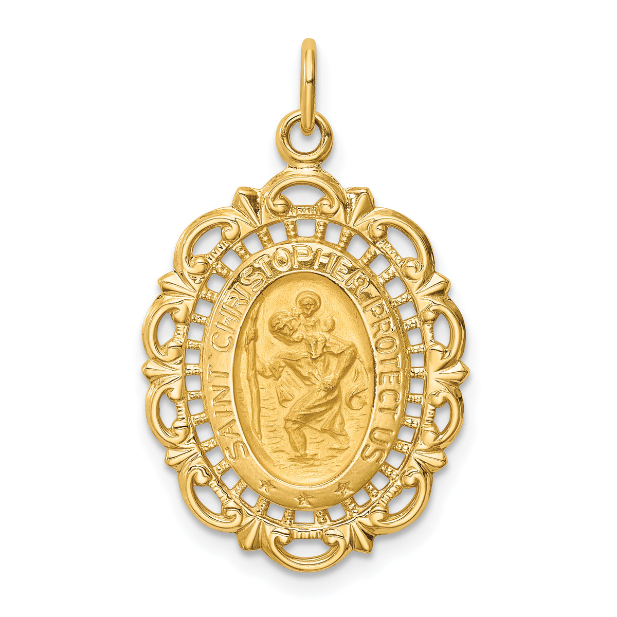 14k Solid Polished/Satin Medium Fancy Pierced Oval St. Christopher Medal-XR1801