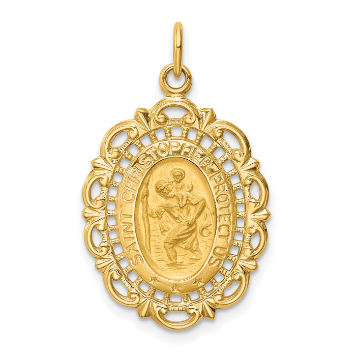 14k Solid Polished/Satin Medium Fancy Pierced Oval St. Christopher Medal-XR1801