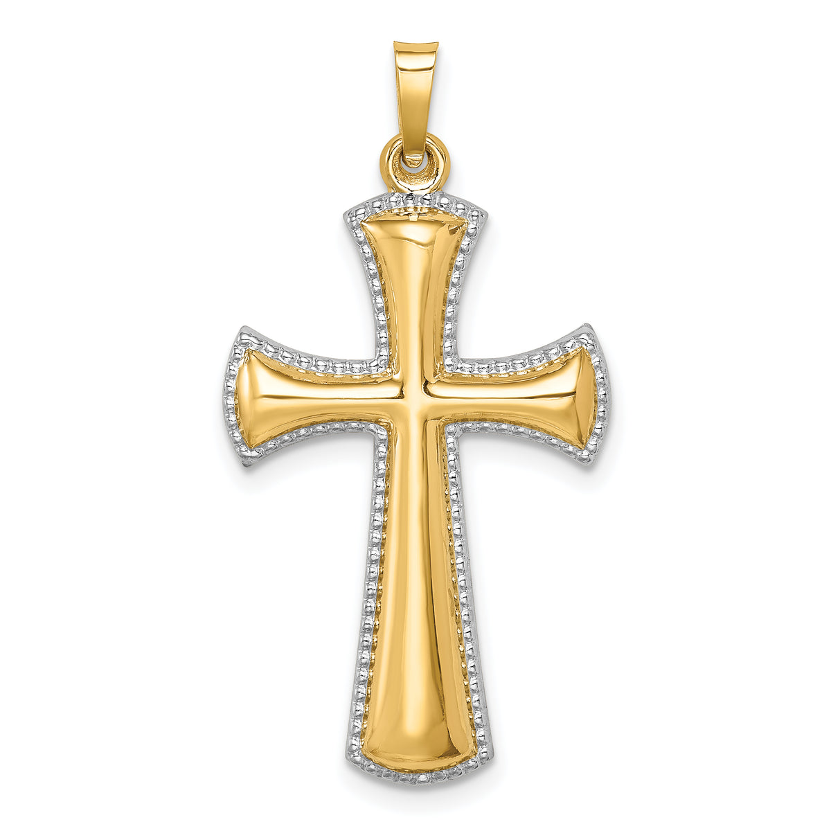 14k Hollow Polished w/Rhodium Beaded Edge Cross-XR1828