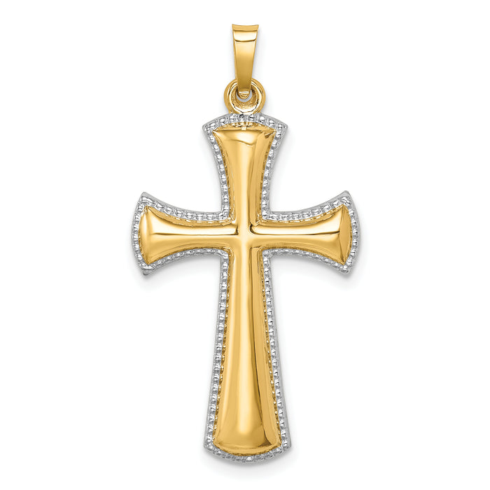 14k Hollow Polished w/Rhodium Beaded Edge Cross-XR1828