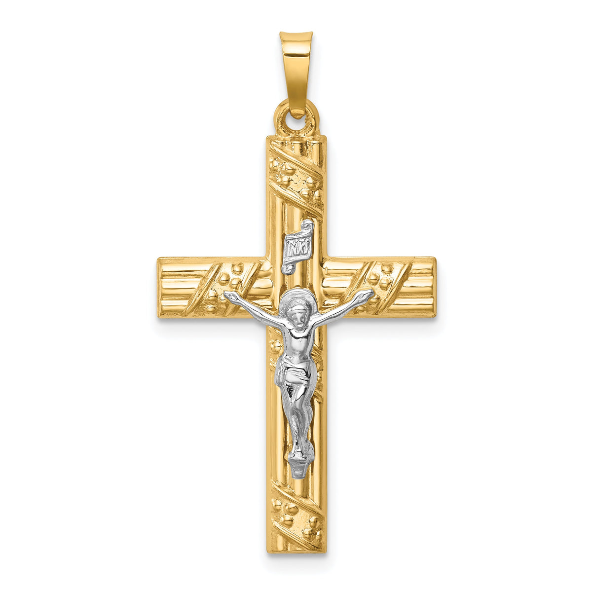 14k Two-tone Hollow Polished Textured & Striped Latin Crucifix-XR1853