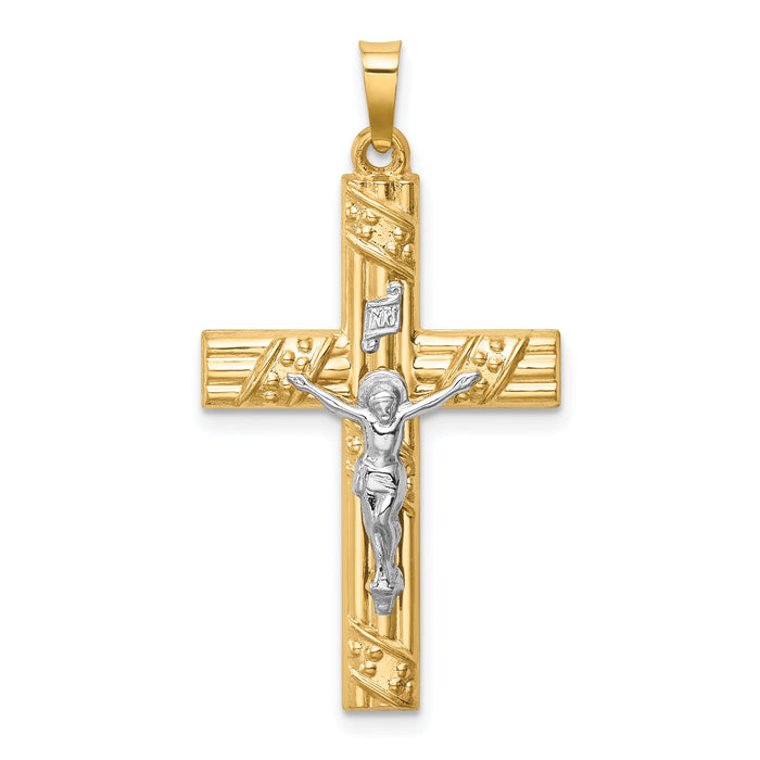 14k Two-tone Hollow Polished Textured & Striped Latin Crucifix-XR1853