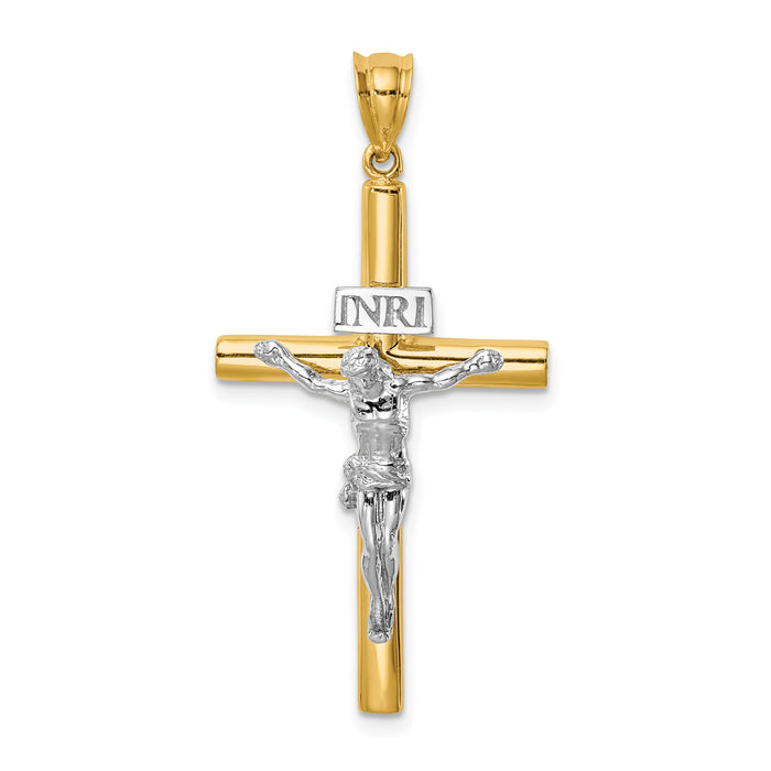 14K Two-tone Polished INRI Crucifix Cross Pendant-XR1859