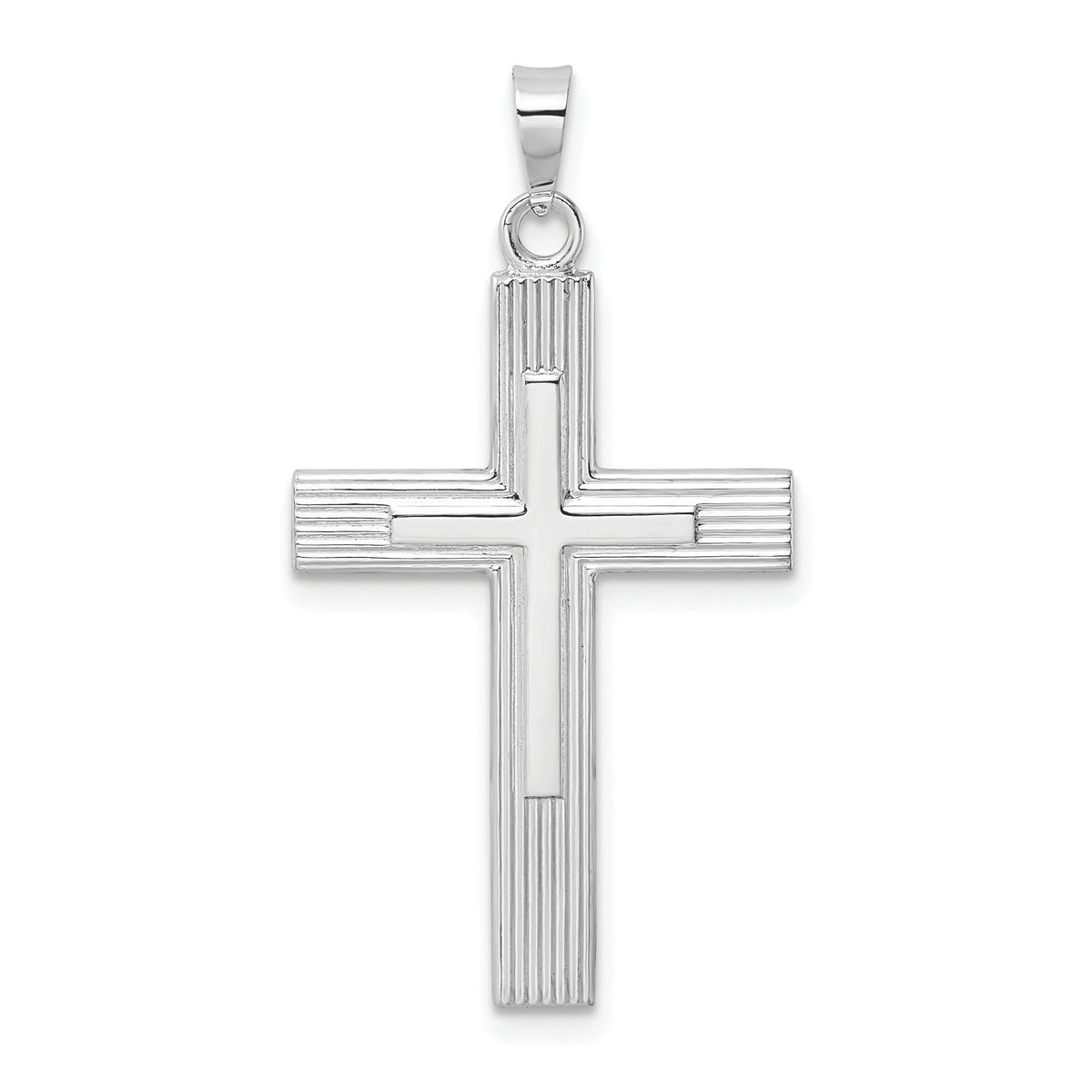 14k White Gold Polished Solid Striped Double Cross Pendant-XR1866