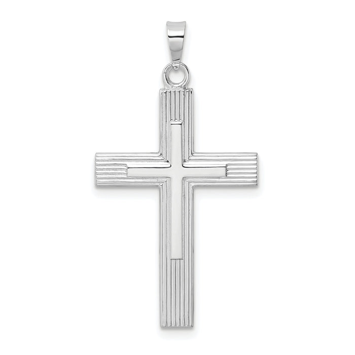 14k White Gold Polished Solid Striped Double Cross Pendant-XR1866