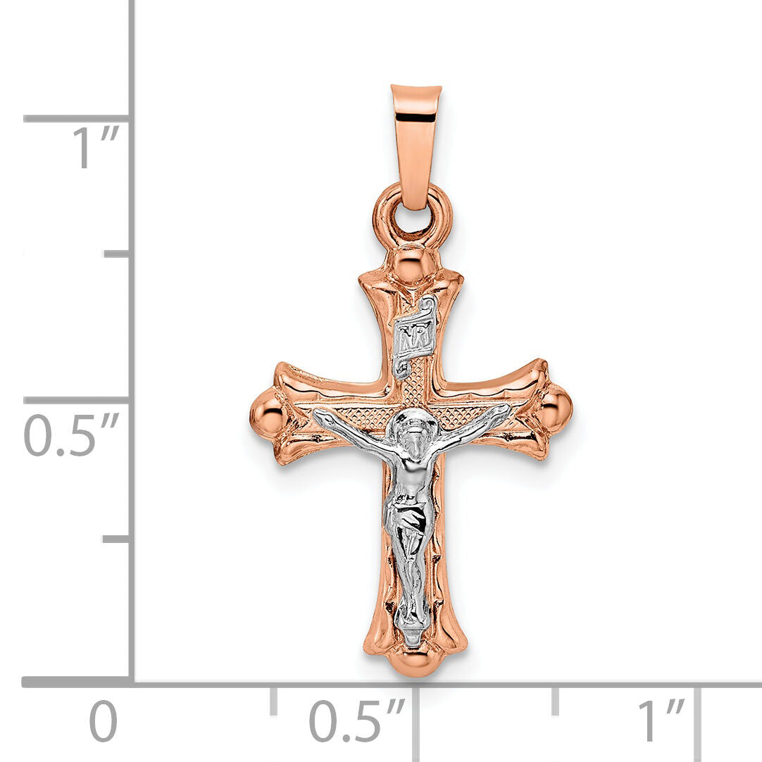 14k Rose and White Gold Polished Fleur de Lis INRI Hollow Crucifix-XR1873