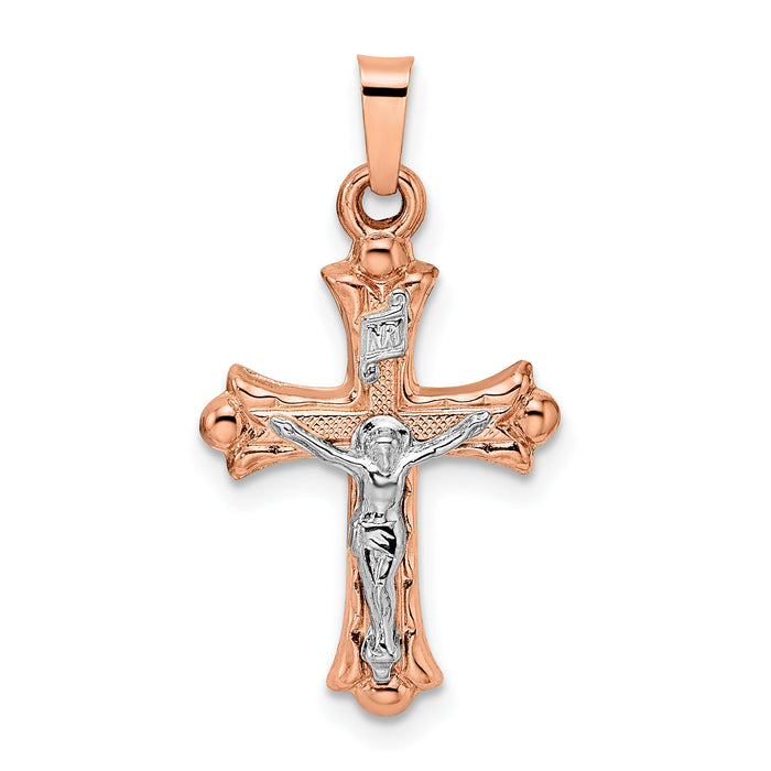 14k Rose and White Gold Polished Fleur de Lis INRI Hollow Crucifix-XR1873