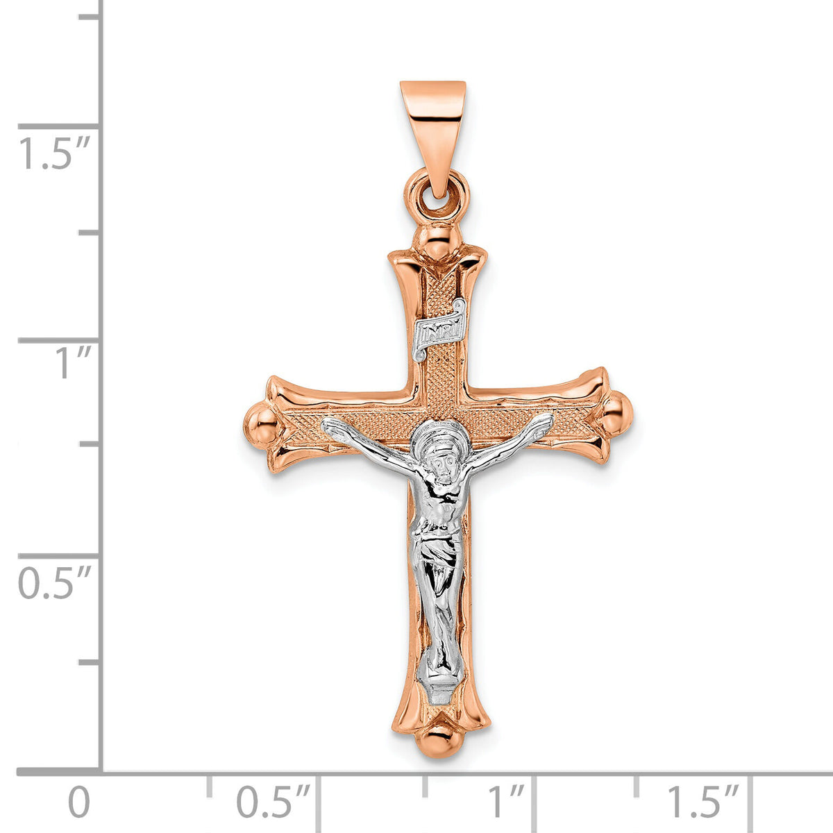 14k Rose and White Gold Polished Fleur de Lis INRI Hollow Crucifix-XR1875