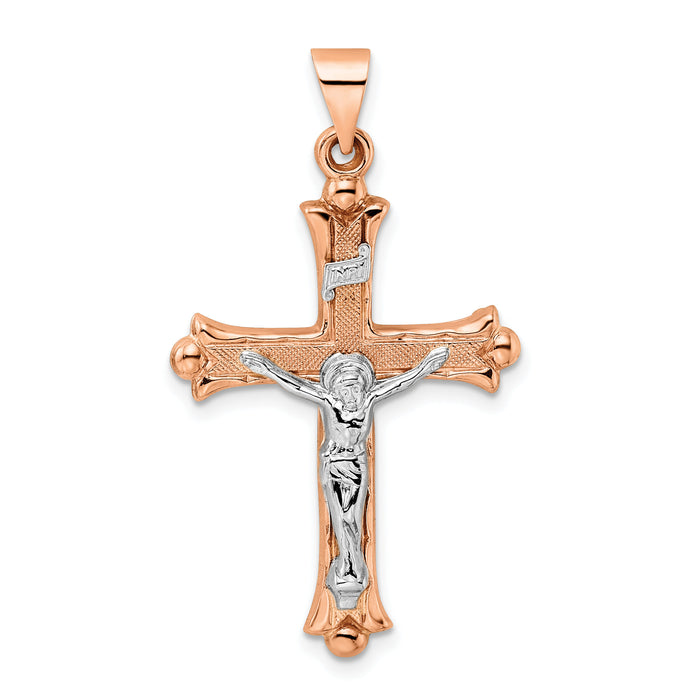 14k Rose and White Gold Polished Fleur de Lis INRI Hollow Crucifix-XR1875
