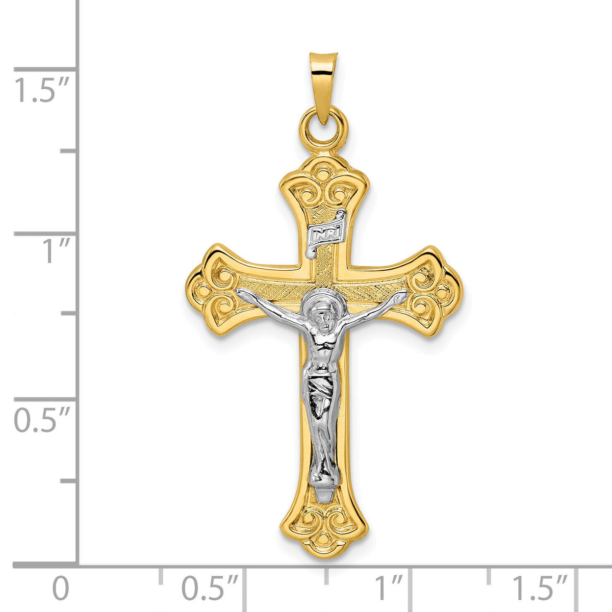 14k Two-tone Polished Solid INRI Fleur de Lis Crucifix Pendant-XR1877