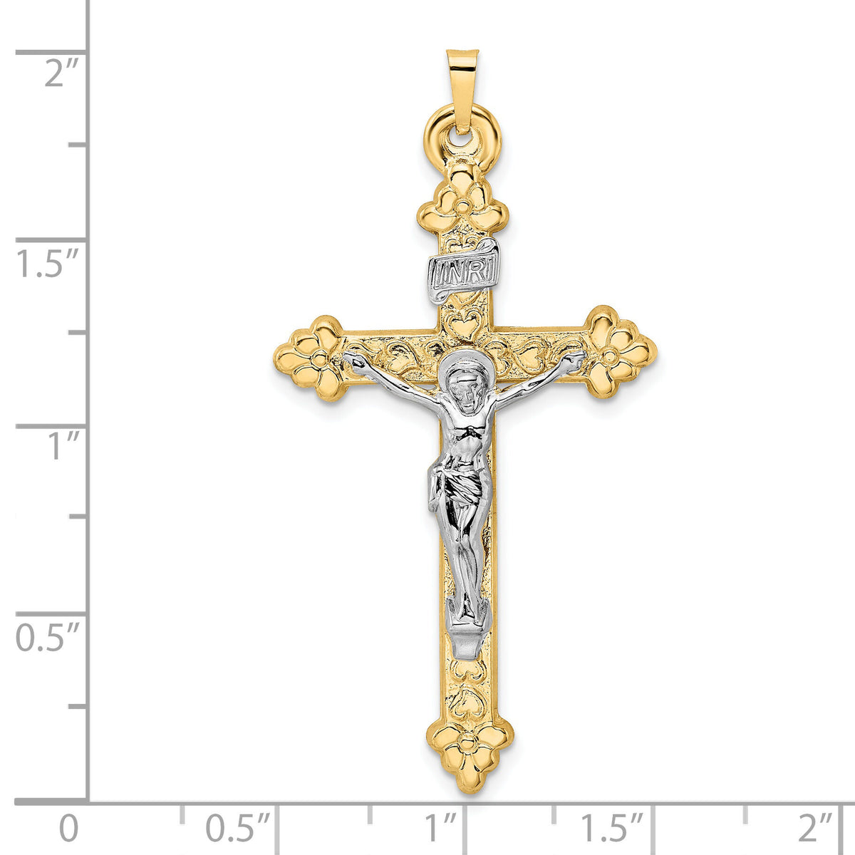 14k Two-tone Polished Hollow INRI Budded Crucifix Pendant-XR1883