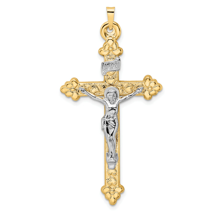 14k Two-tone Polished Hollow INRI Budded Crucifix Pendant-XR1883