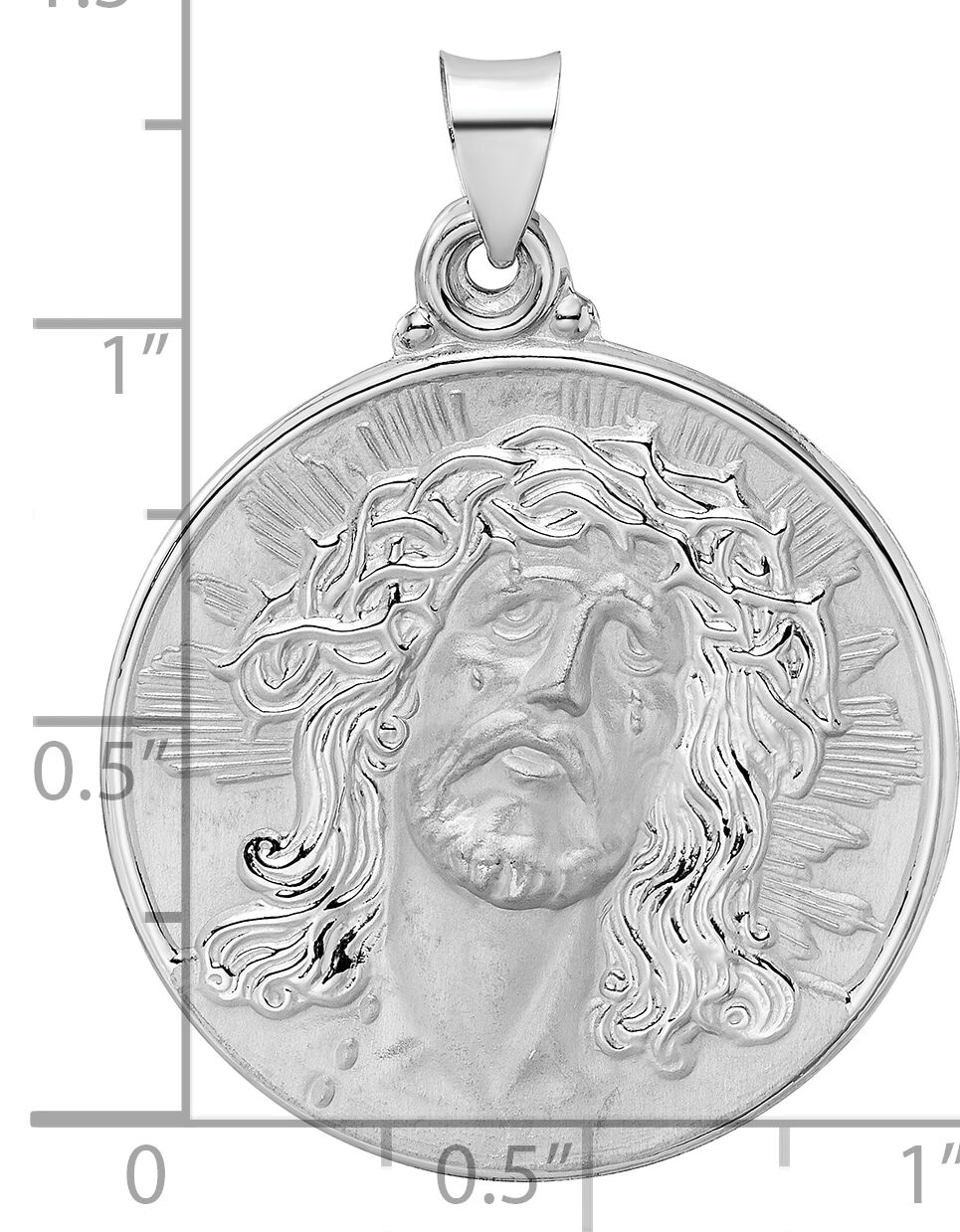 14k White Gold Polished and Satin Hollow Jesus Face Disc Pendant-XR1889
