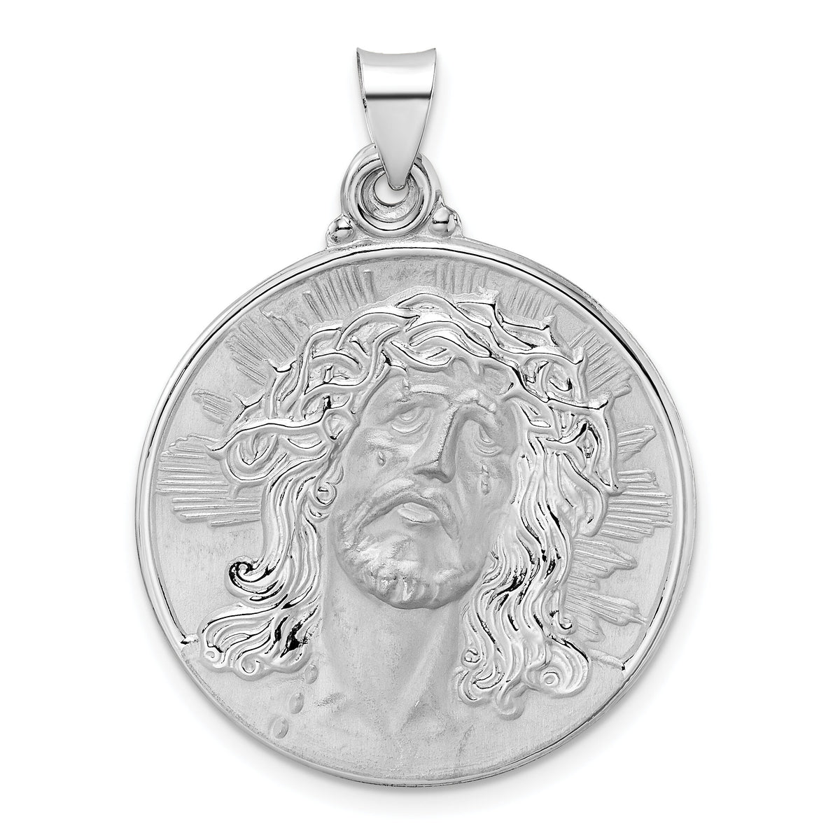 14k White Gold Polished and Satin Hollow Jesus Face Disc Pendant-XR1889