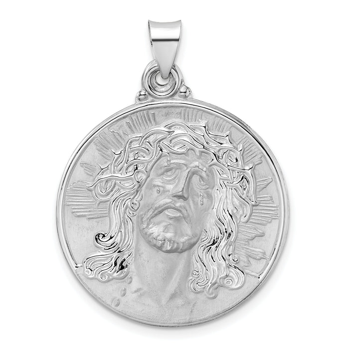 14k White Gold Polished and Satin Hollow Jesus Face Disc Pendant-XR1889