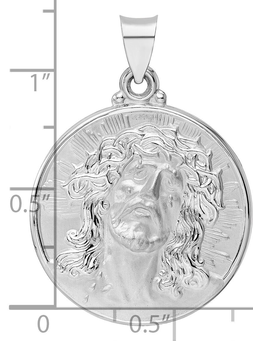 14k White Gold Polished and Satin Hollow Jesus Face Disc Pendant-XR1891
