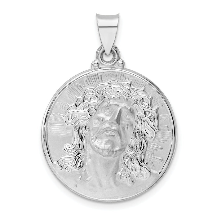 14k White Gold Polished and Satin Hollow Jesus Face Disc Pendant-XR1891