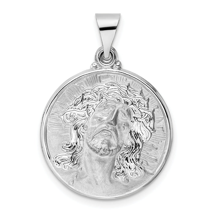 14k White Gold Polished and Satin Hollow Jesus Face Disc Pendant-XR1893
