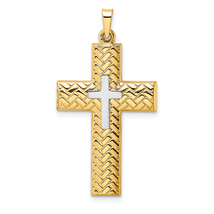 14k Two-tone Polished Hollow Woven Double Cross Pendant-XR1898