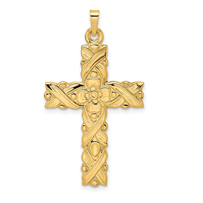 14k Polished and Textured Floral Solid Cross Pendant-XR1900