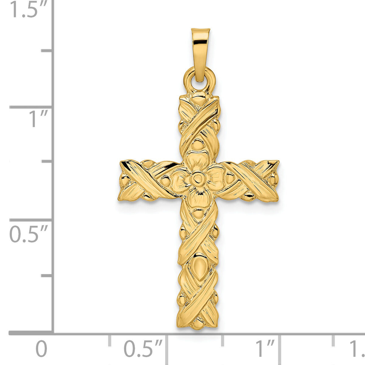 14k Polished and Textured Solid Floral Cross Pendant-XR1902
