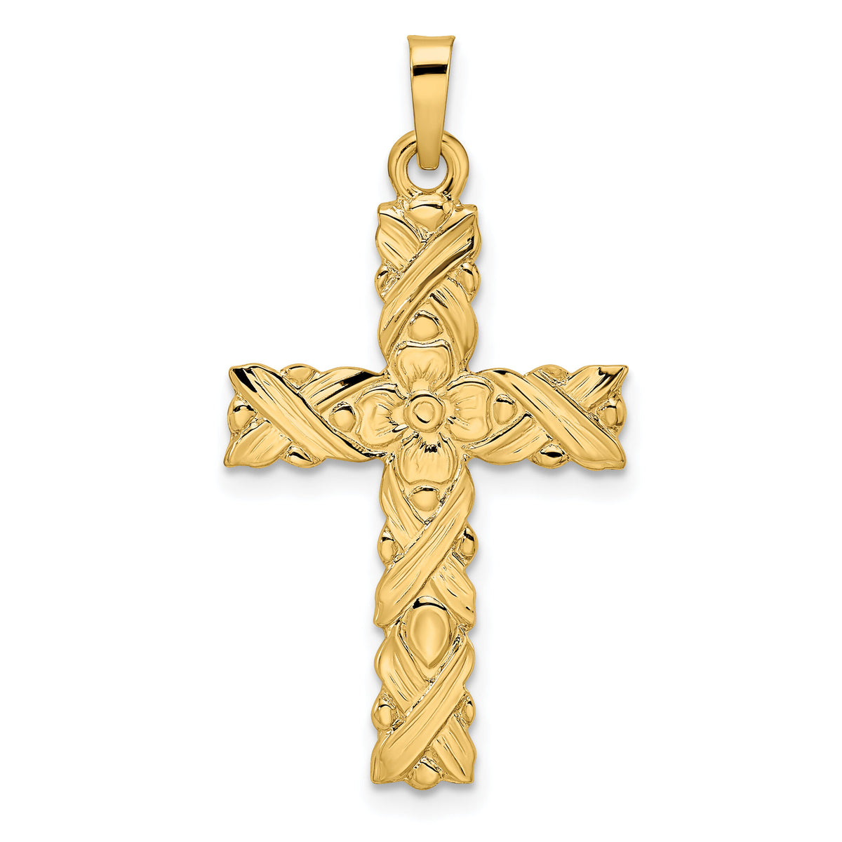 14k Polished and Textured Solid Floral Cross Pendant-XR1902
