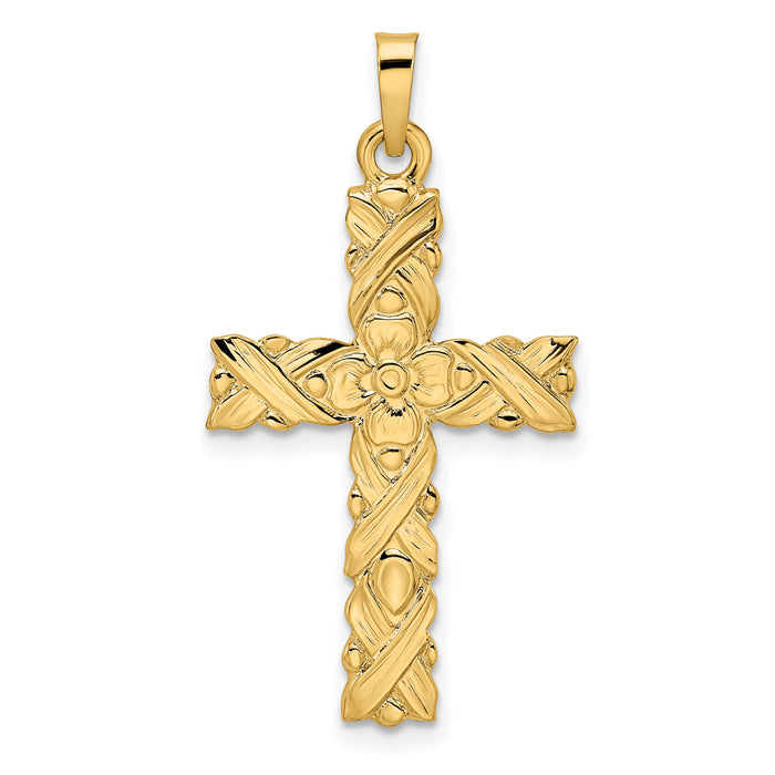 14k Polished and Textured Solid Floral Cross Pendant-XR1902