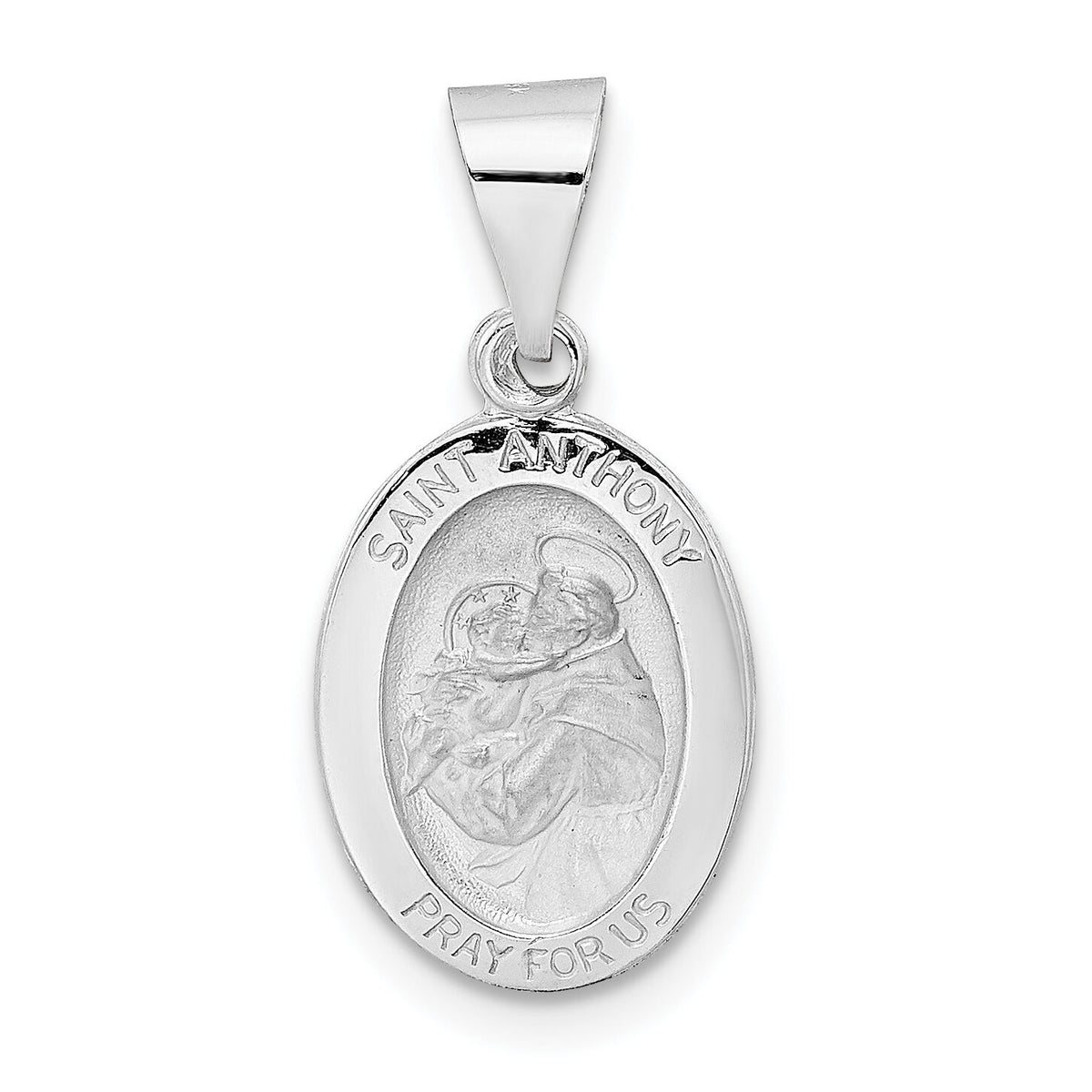 14k White Gold Polished and Satin Hollow Oval St Anthony Medal Pendant-XR1923