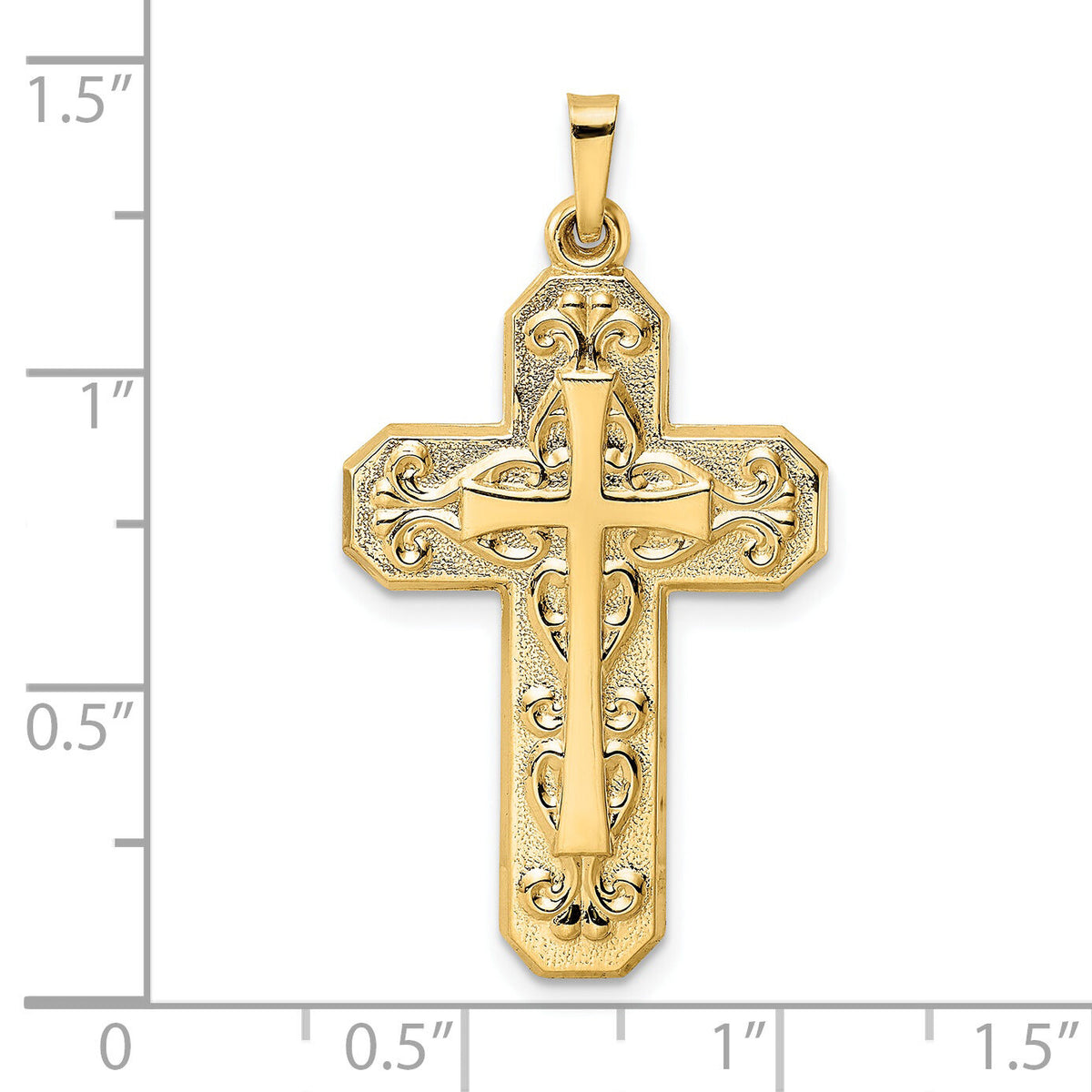 14k Polished and Textured Hollow Scroll Design Double Cross Pendant-XR1928