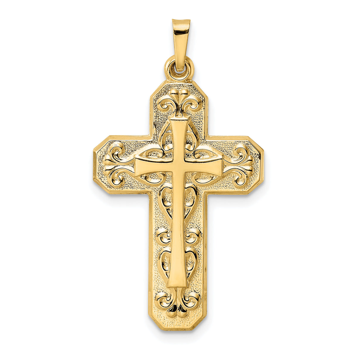 14k Polished and Textured Hollow Scroll Design Double Cross Pendant-XR1928