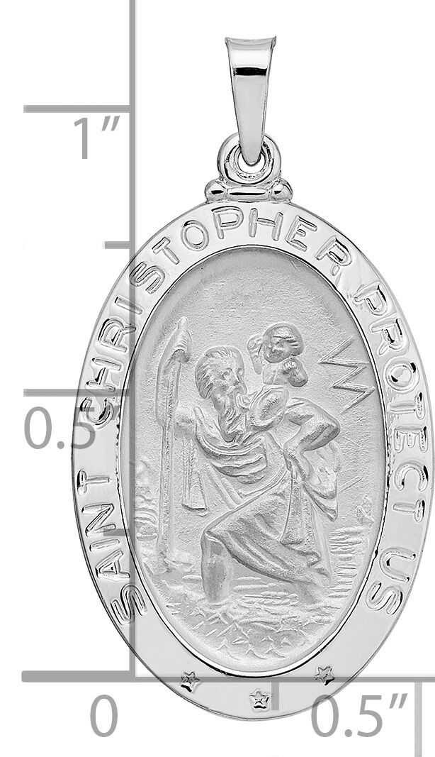 14k White Gold Polished Oval Solid Saint Christopher Medal Pendant-XR1929