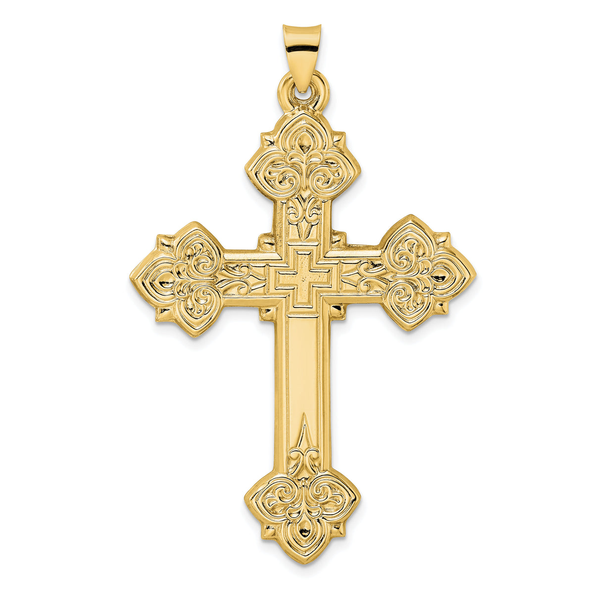 14k Polished Hollow Fancy Fleur de Lis Cross Pendant-XR1930
