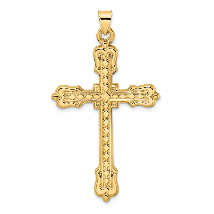 14k Polished Diamond Pattern Hollow Cross Pendant-XR1936