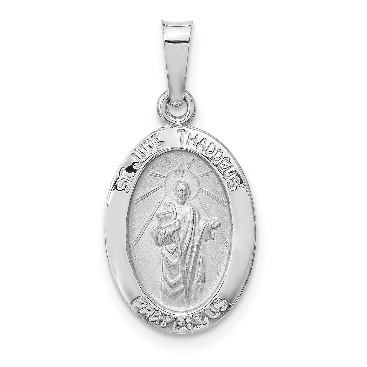 14k White Gold Polished and Satin Hollow Oval St Jude Thaddeus Medal-XR1937
