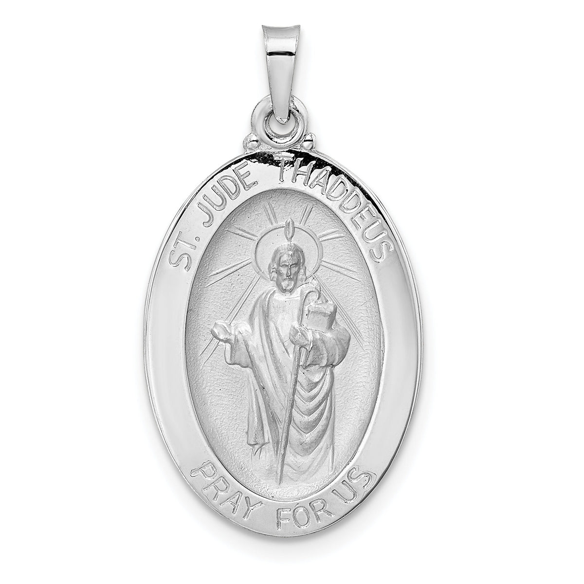 14k White Gold Polished St Jude Oval Solid Medal Pendant-XR1939