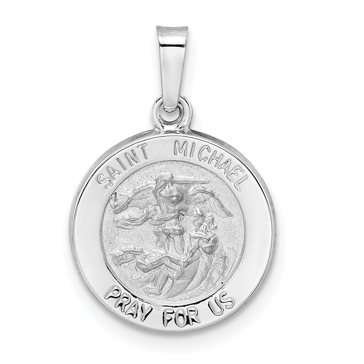14k White Gold Polished and Satin Hollow St Michael Medal Pendant-XR1943
