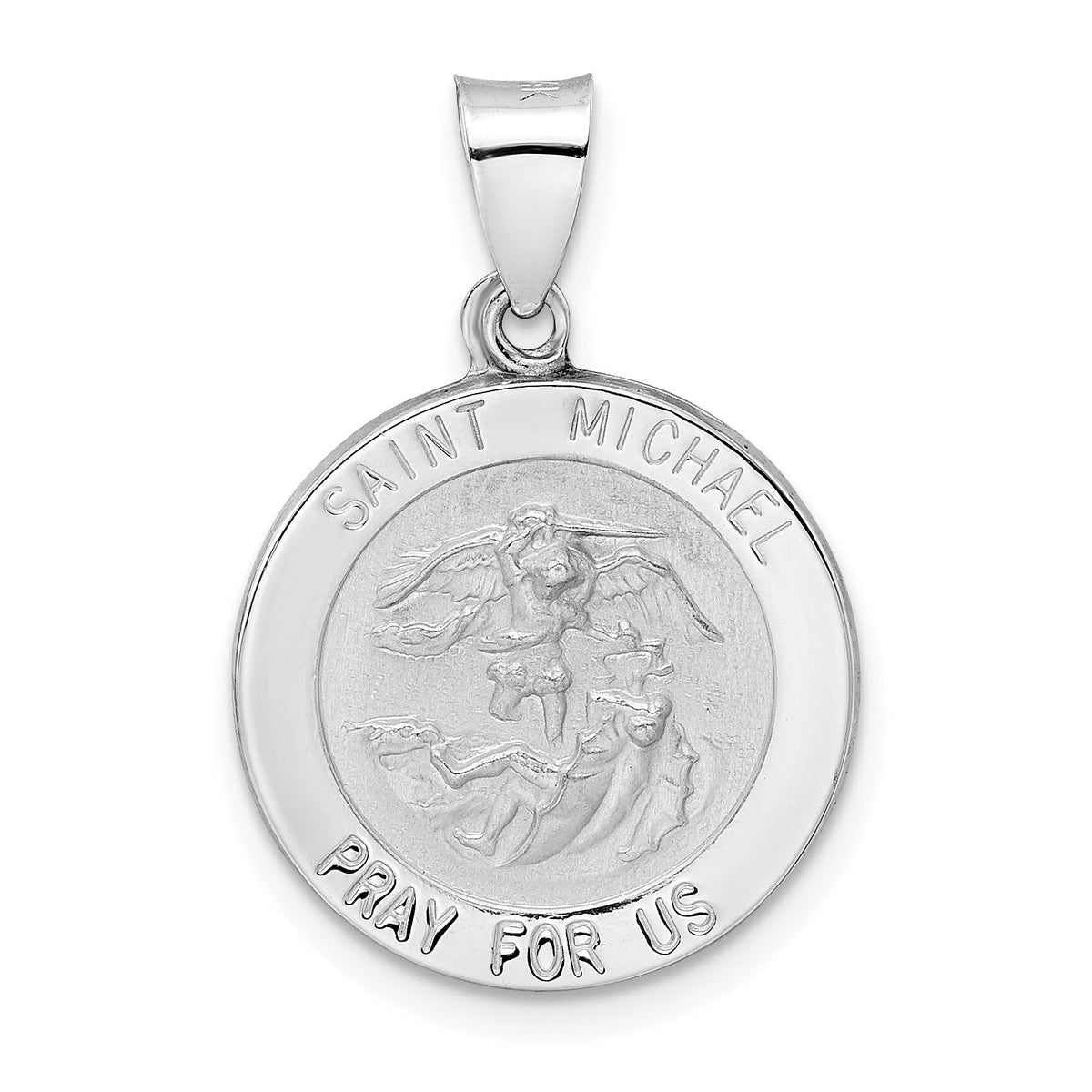 14k White Gold Polished and Satin Hollow St Michael Medal Pendant-XR1945